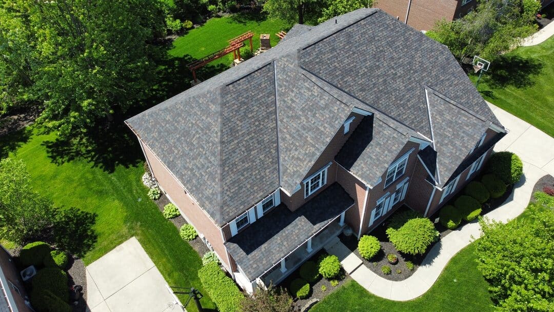 Aerial view of a completed roof in a Cincinnati neighborhood