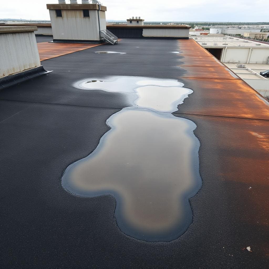 Aging EPDM rubber roof showing weathering and seam wear